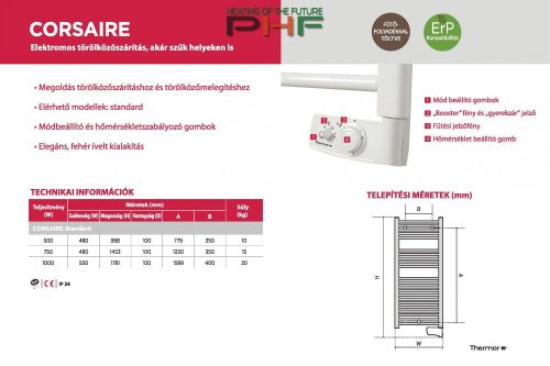 Thermor Corsaire 750W - elektromos törölközőszárító termosztáttal, fehér